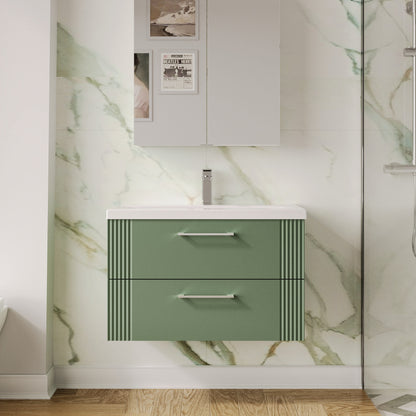 Nuie 800mm Satin Green Fluted Wall Hung 2-Drawer Vanity Unit with Basin With Chrome Handles