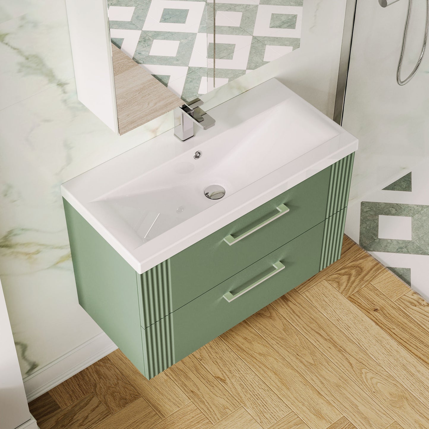Nuie 800mm Satin Green Fluted Wall Hung 2-Drawer Vanity Unit with Basin With Chrome Handles