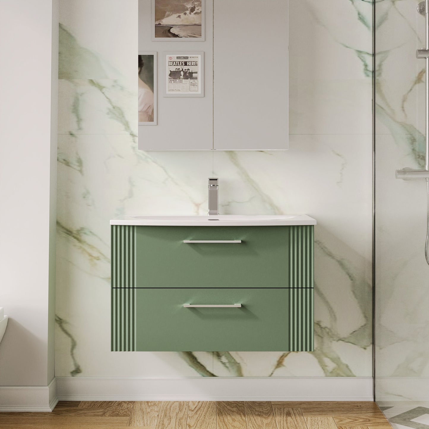 Nuie 800mm Satin Green Part Fluted Wall Hung 2-Drawer Vanity Unit with Basin & Chrome Handles