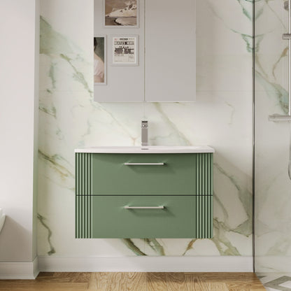 Nuie 800mm Satin Green Part Fluted Wall Hung 2-Drawer Vanity Unit with Basin & Chrome Handles