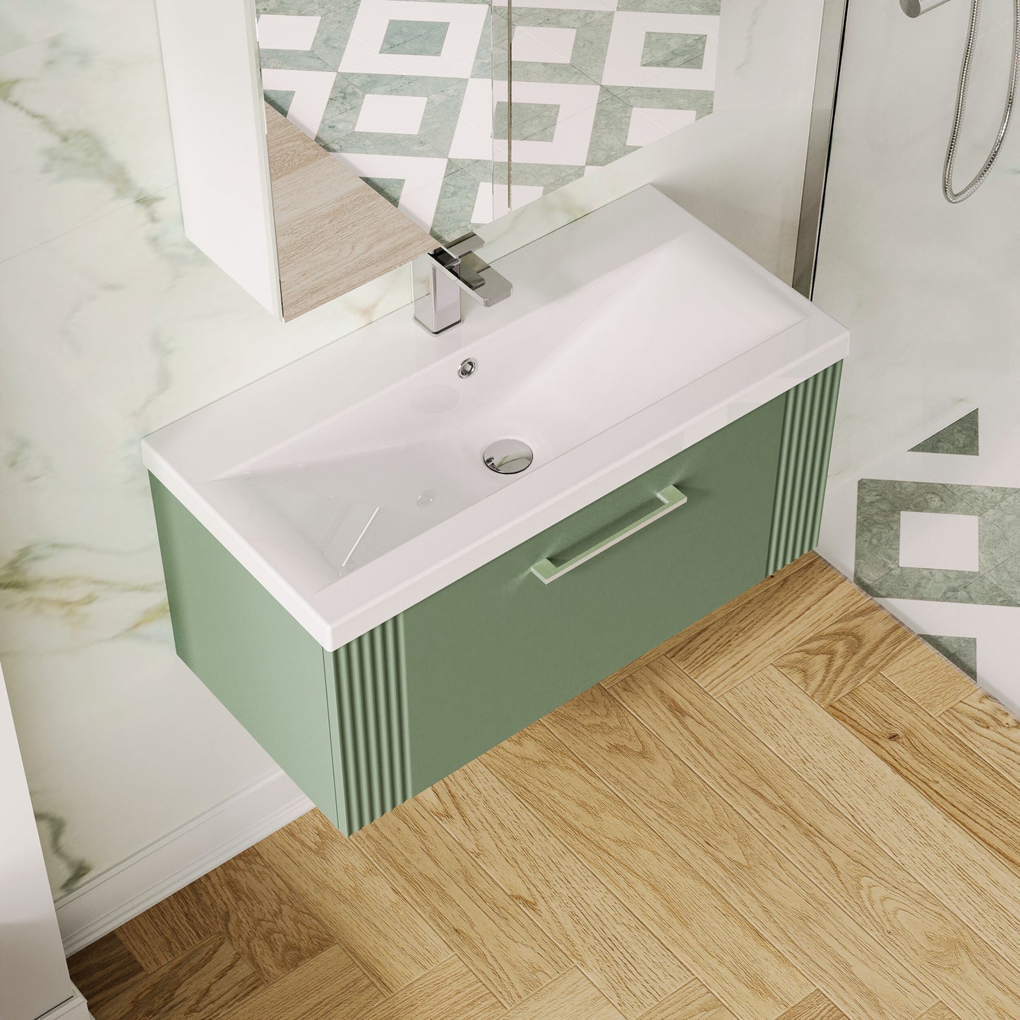 Nuie 800mm Satin Green Part Fluted Wall Hung Single Drawer Vanity Unit with Basin With Chrome Handle