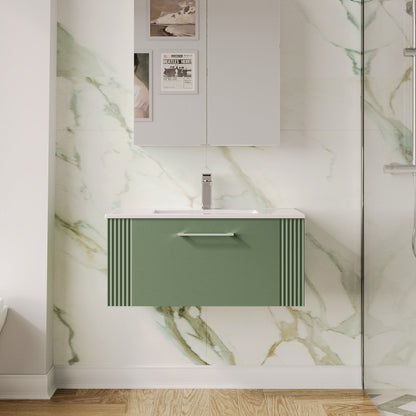 Nuie Deco 800mm Satin Green Wall Hung Single Drawer Vanity Unit with Basin & Chrome Handles