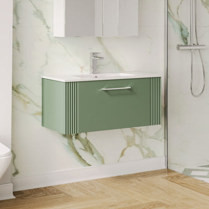 Nuie Deco 800mm Satin Green Wall Hung Single Drawer Vanity Unit with Basin & Chrome Handles