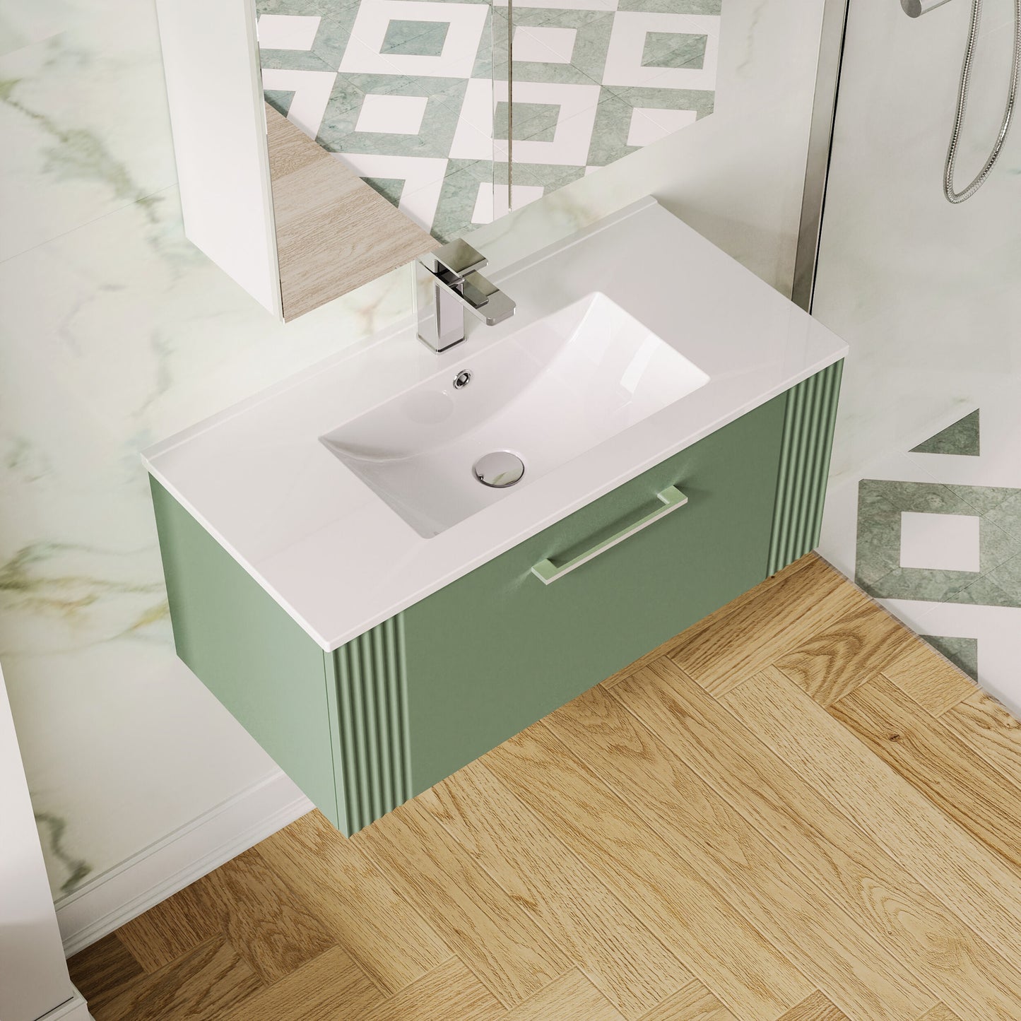 Nuie Deco 800mm Satin Green Wall Hung Single Drawer Vanity Unit with Basin & Chrome Handles