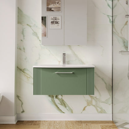 Nuie Deco 800mm Satin Green Wall Hung Single Drawer Vanity Unit with Curved Basin & Chrome Handles