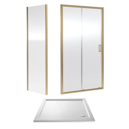 Nuie Rene 990mm Framed Brushed Brass Sliding Door, Side Panel & Tray