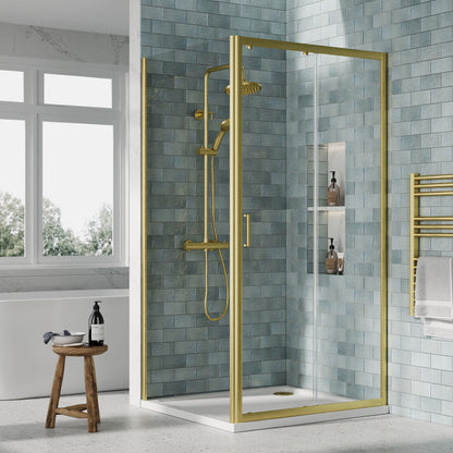 Nuie Rene 990mm Framed Brushed Brass Sliding Door, Side Panel & Tray