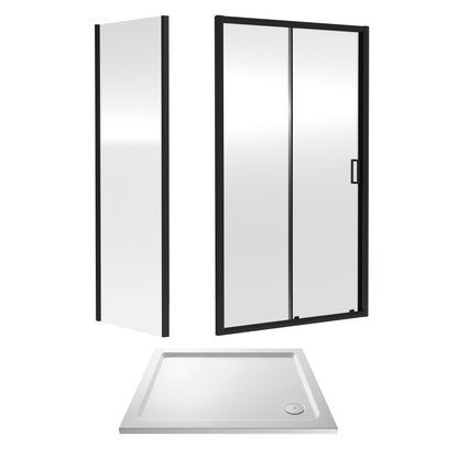 Nuie Rene 990mm Framed Matt Black Sliding Door, Side Panel & Tray