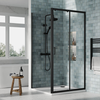 Nuie Rene 990mm Framed Matt Black Sliding Door, Side Panel & Tray