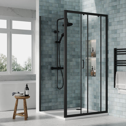 Nuie Rene 990mm Framed Matt Black Sliding Door, Side Panel & Tray