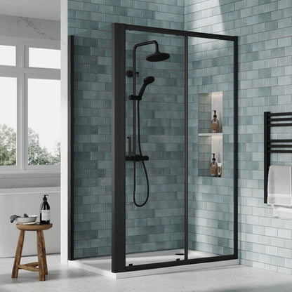 Nuie Rene 1190mm Framed Matt Black Sliding Door, Side Panel & Tray