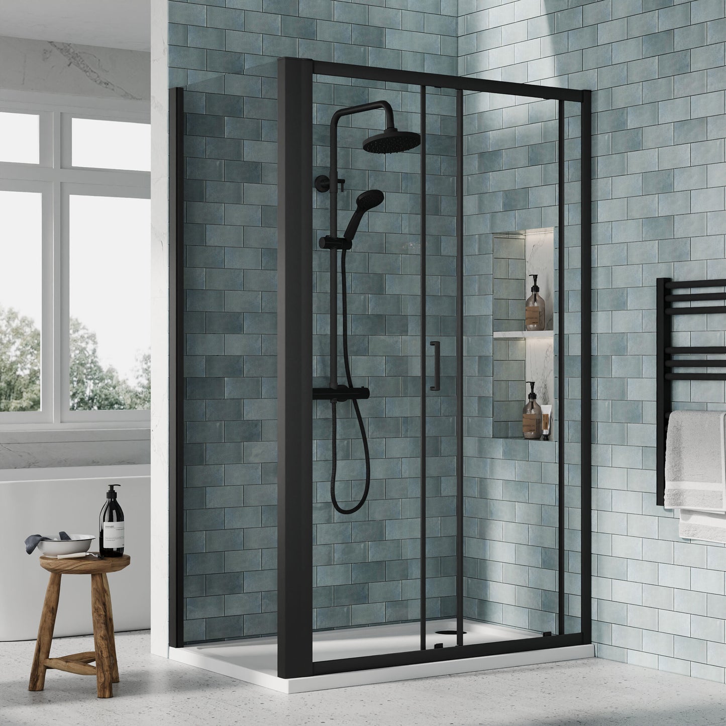 Nuie Rene 1190mm Framed Matt Black Sliding Door, Side Panel & Tray