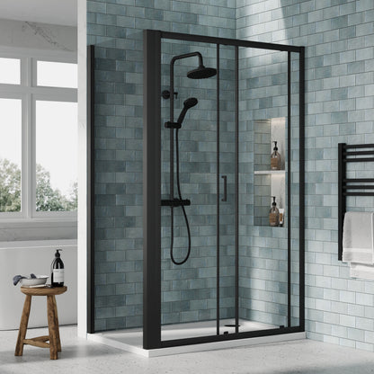 Nuie Rene 1190mm Framed Matt Black Sliding Door, Side Panel & Tray