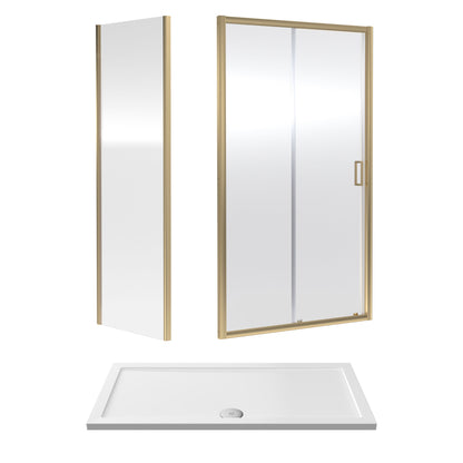 Nuie Rene 1390mm Framed Brushed Brass Sliding Door, Side Panel & Tray