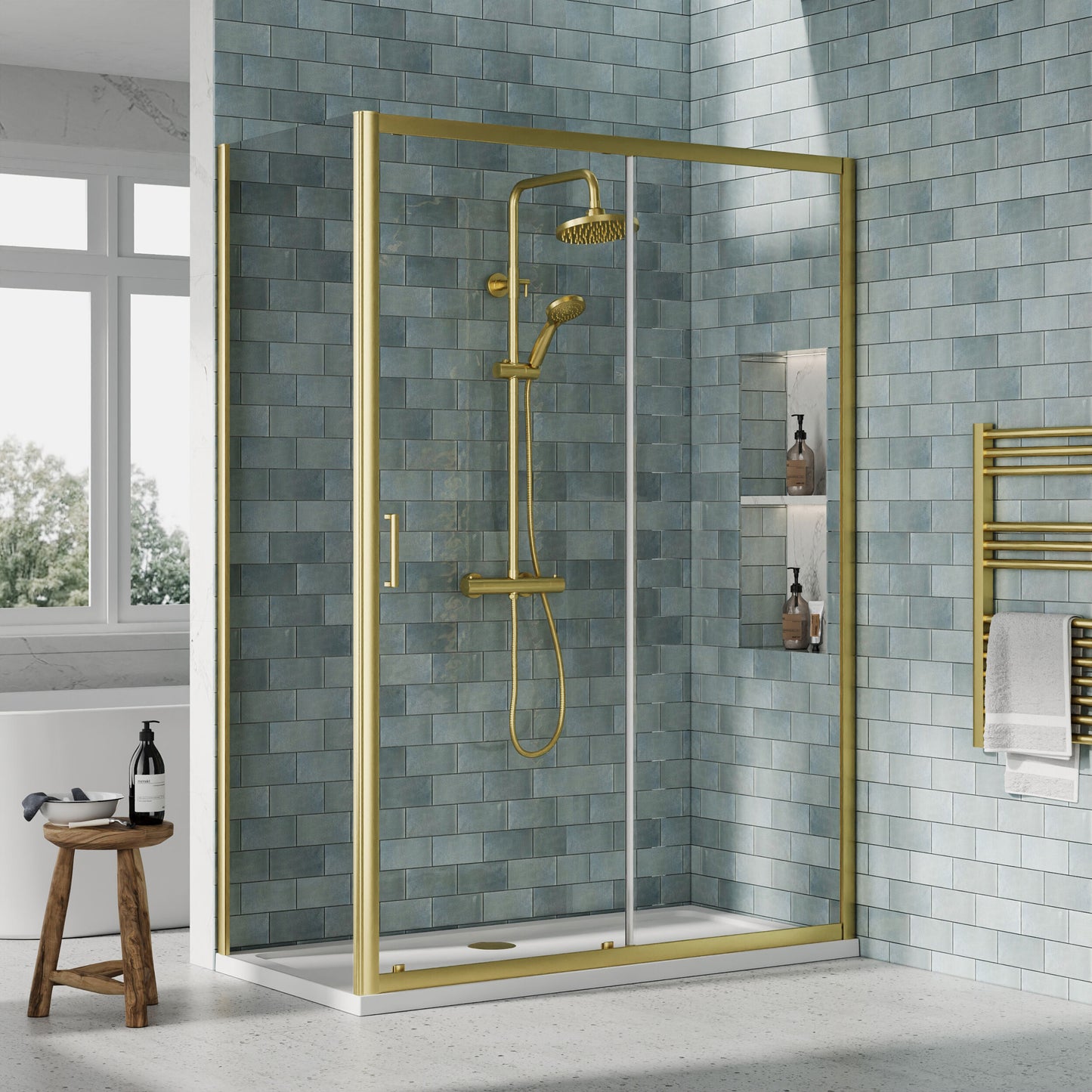 Nuie Rene 1390mm Framed Brushed Brass Sliding Door, Side Panel & Tray