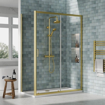 Nuie Rene 1390mm Framed Brushed Brass Sliding Door, Side Panel & Tray