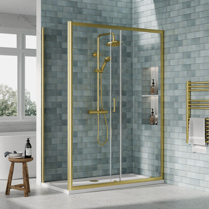 Nuie Rene 1390mm Framed Brushed Brass Sliding Door, Side Panel & Tray