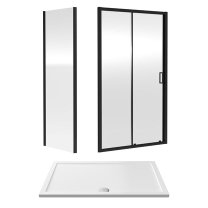 Nuie Rene 1390mm Framed Matt Black Sliding Door, Side Panel & Tray
