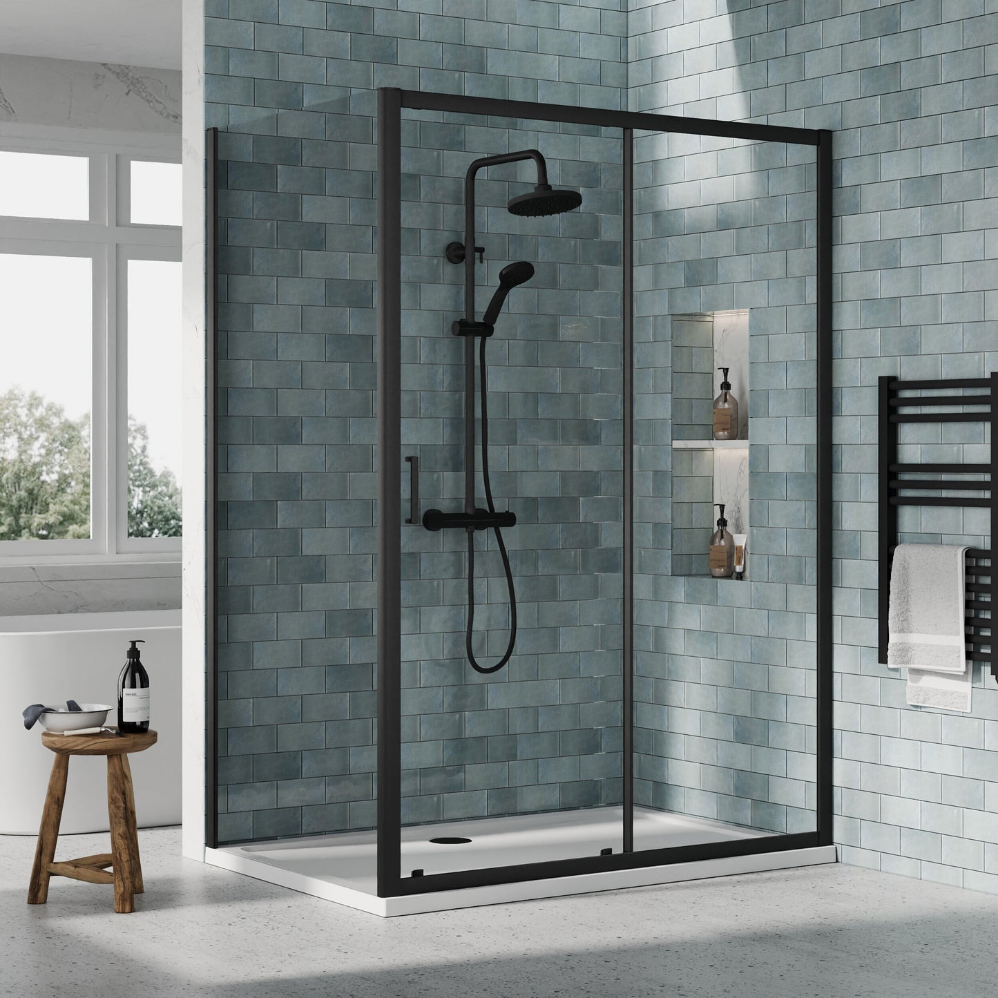 Nuie Rene 1390mm Framed Matt Black Sliding Door, Side Panel & Tray