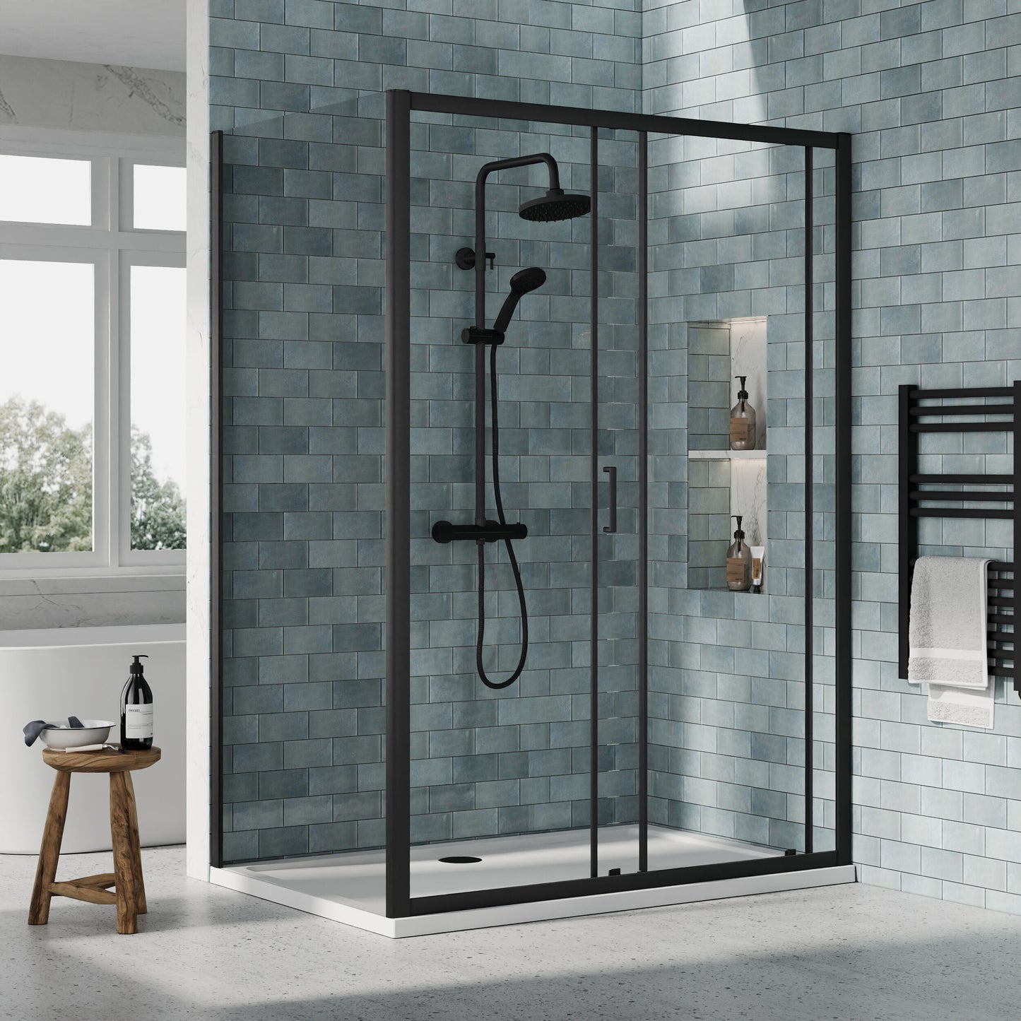 Nuie Rene 1390mm Framed Matt Black Sliding Door, Side Panel & Tray
