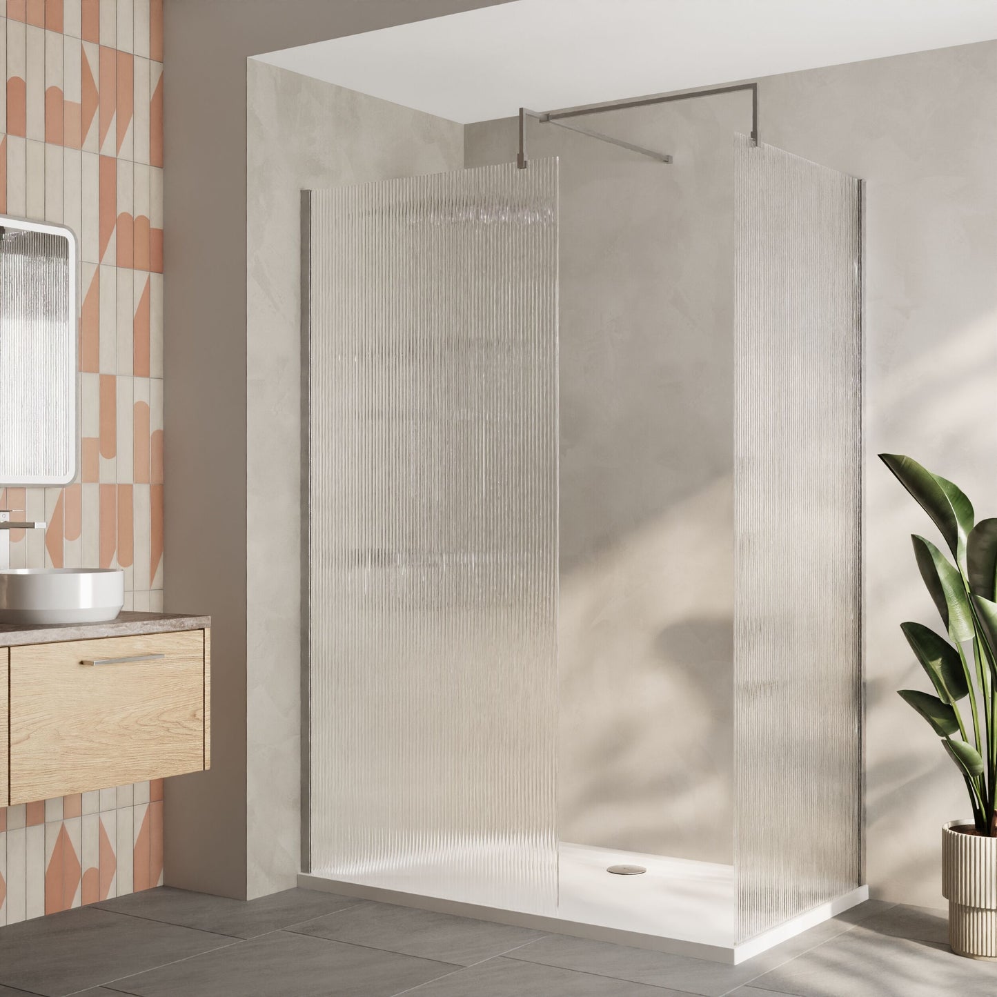 Nuie 900mm Frameless Fluted Walk-In Wetroom Screen Set With Tray