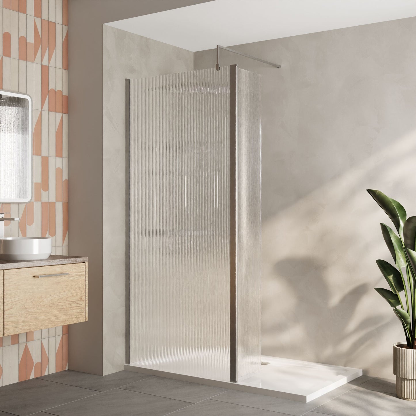 Nuie 900mm Framed Fluted Walk-In Wetroom Return Screen With Tray