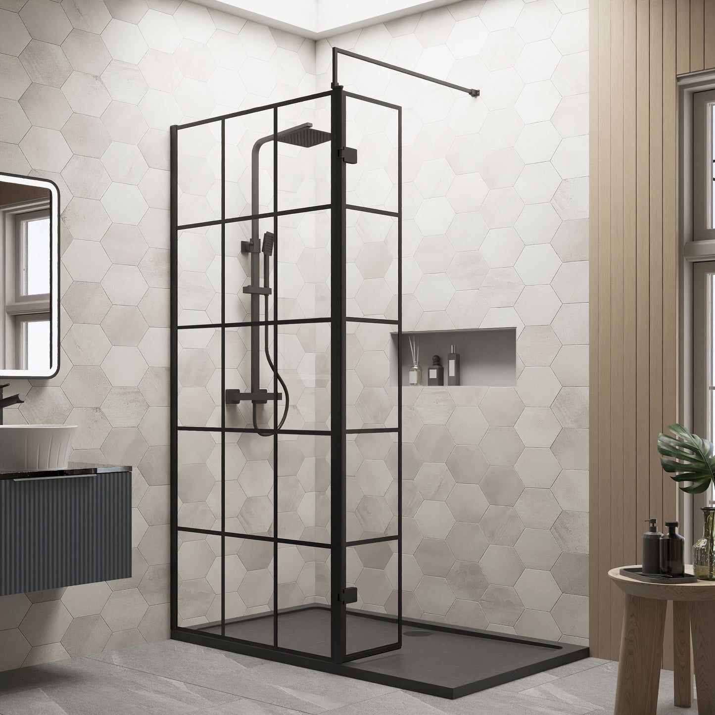 Nuie 900mm Framed Walk-In Wetroom Return Screen With Slate Grey Tray