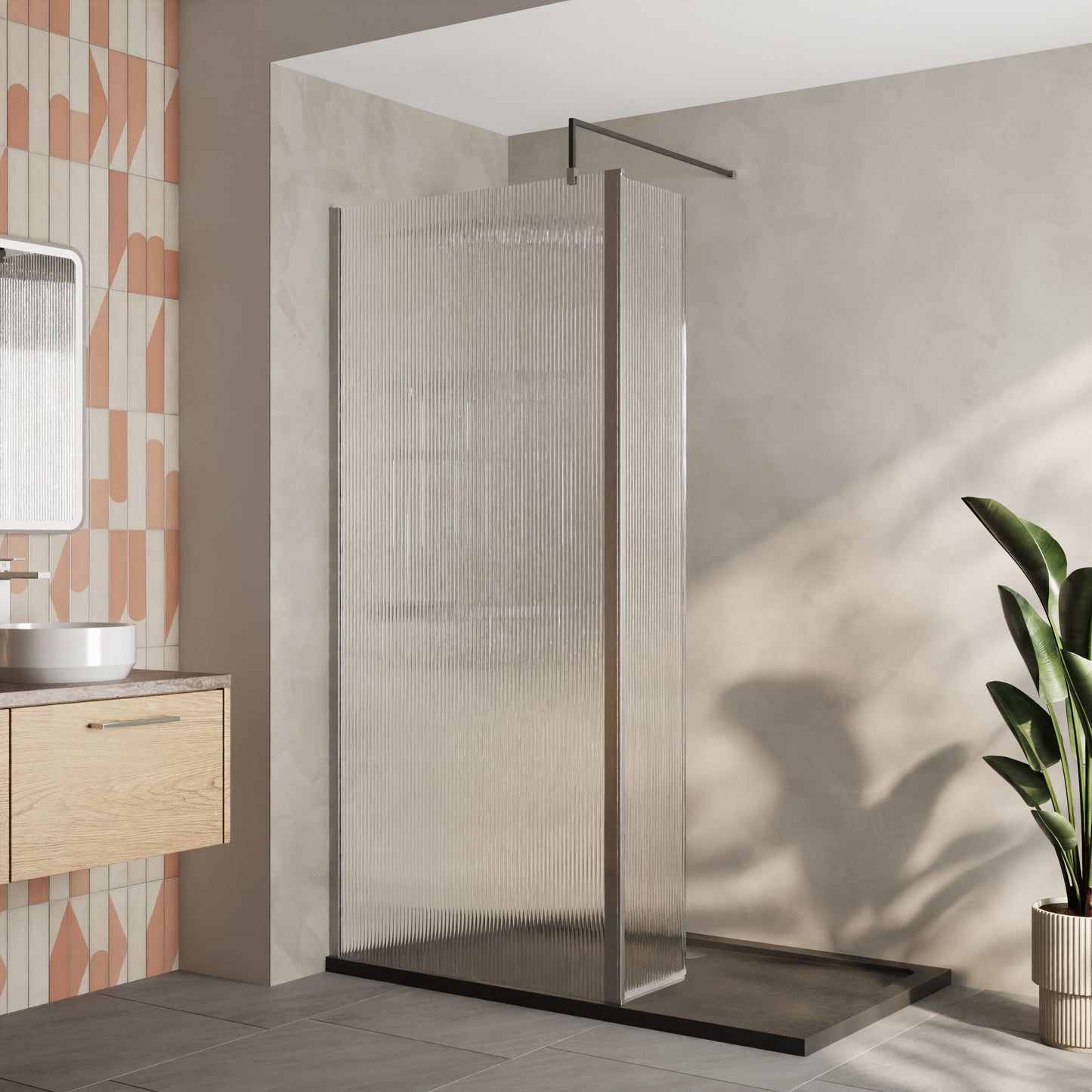 Nuie 900mm Framed Fluted Walk-In Wetroom Return Screen With Slate Grey Tray