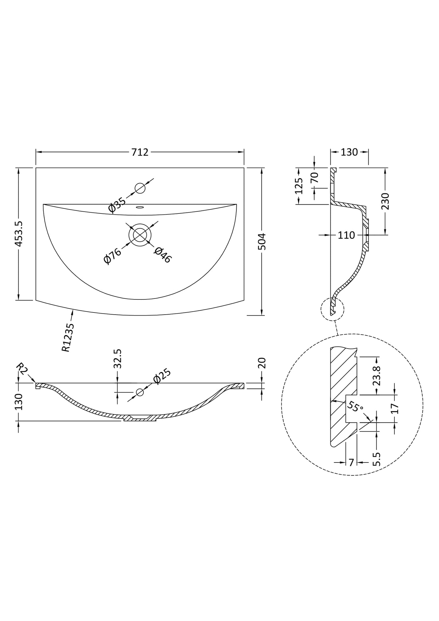 Sarenna Curved 1 Tap Hole Polymarble Basin 700mm