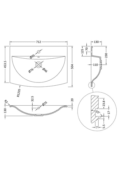 Sarenna Curved 1 Tap Hole Polymarble Basin 700mm
