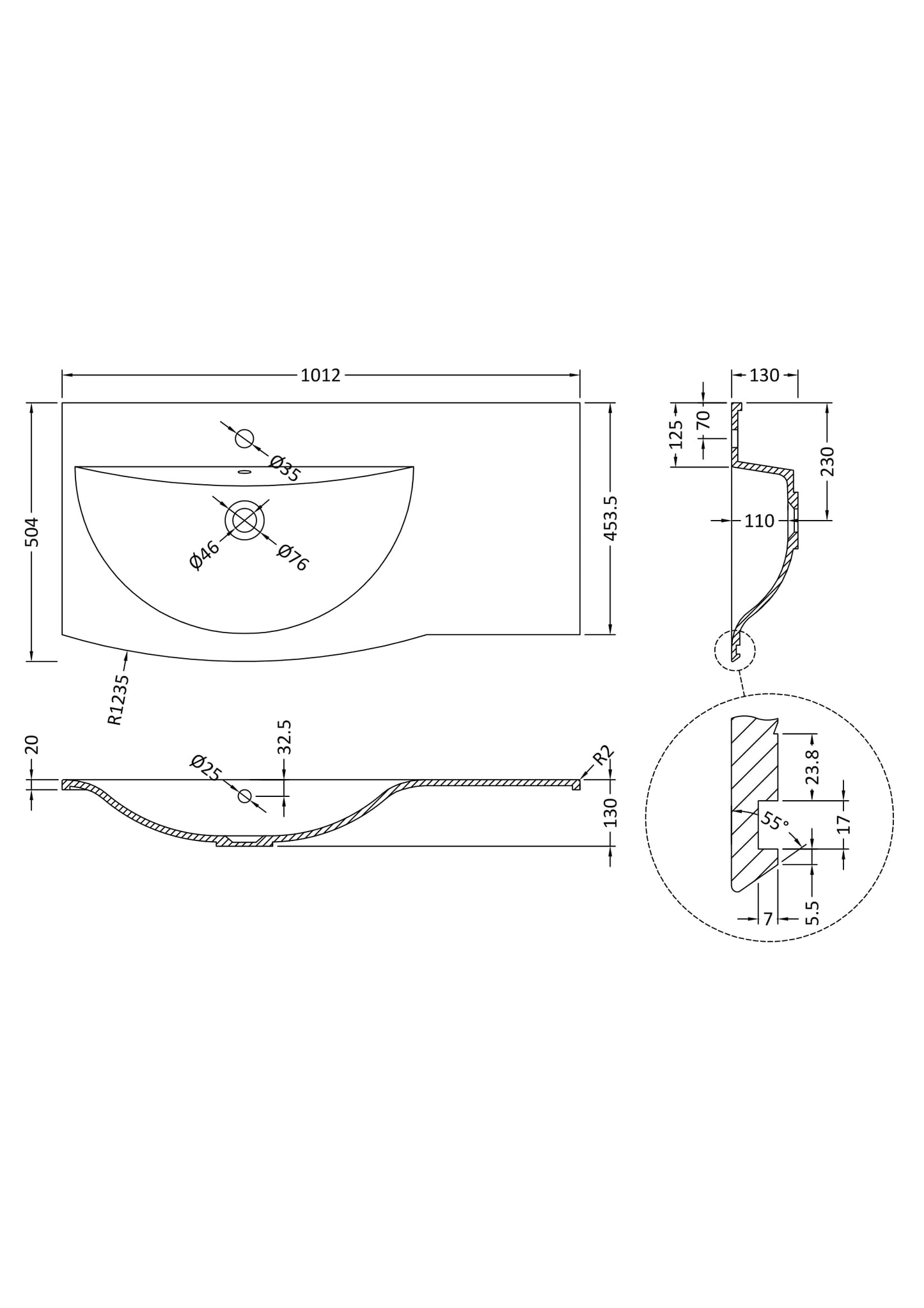 Sarenna Curved Left Hand 1 Tap Hole Polymarble Basin 700mm