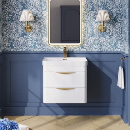 Balterley Wave Modern Bathroom Wall Hung 2 Drawer Thin Edge Vanity Unit Basin, Gloss White, 590mm