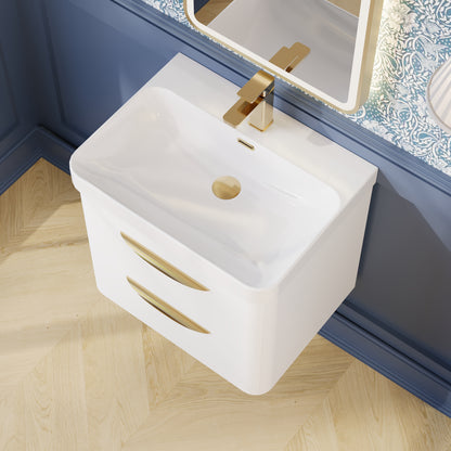 Balterley Wave Modern Bathroom Wall Hung 2 Drawer Thin Edge Vanity Unit Basin, Gloss White, 590mm