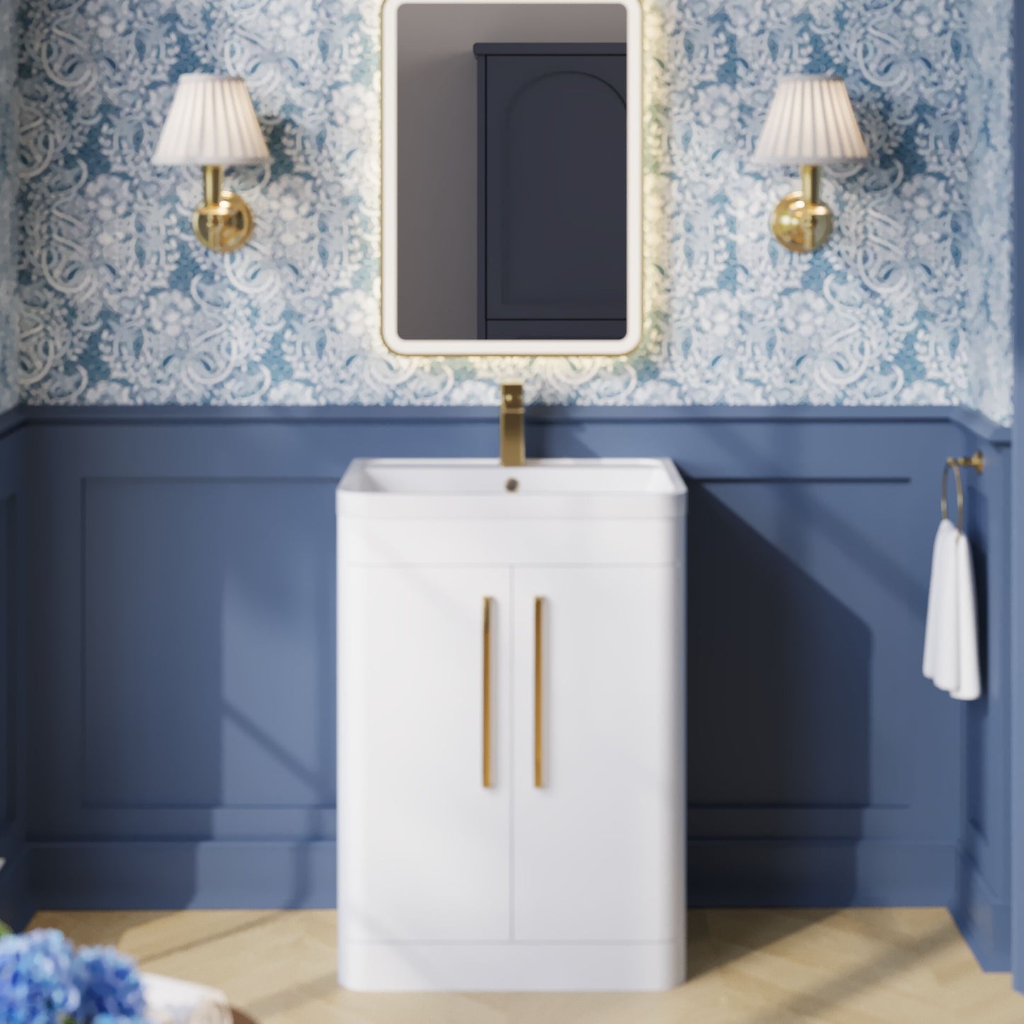 Balterley Wave Contemporary Bathroom Floor Standing 2 Door Vanity Unit & Polymarble Basin, Gloss White, 600mm