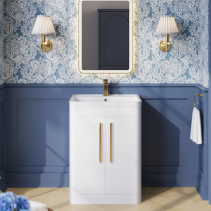 Balterley Wave Contemporary Bathroom Floor Standing 2 Door Vanity Unit & Polymarble Basin, Gloss White, 600mm