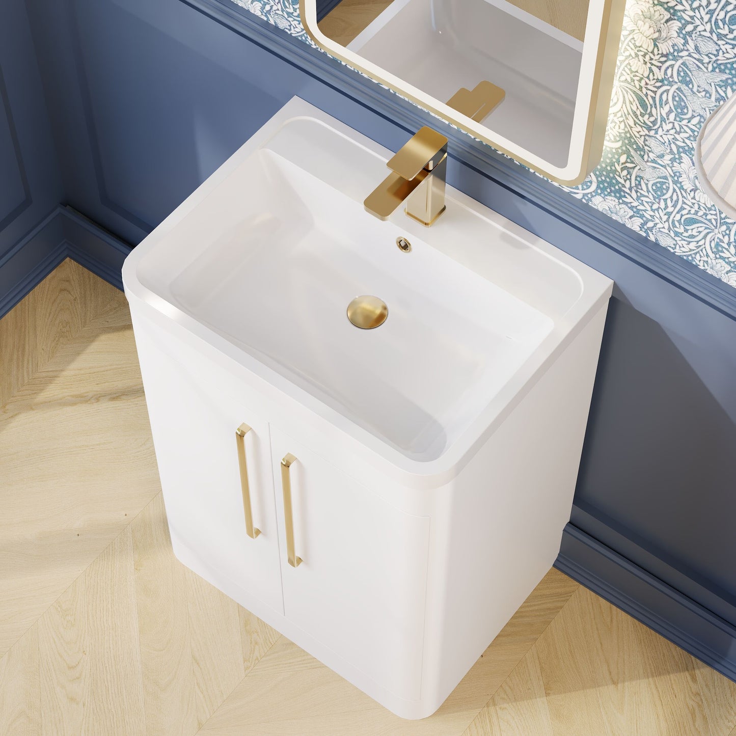 Balterley Wave Contemporary Bathroom Floor Standing 2 Door Vanity Unit & Polymarble Basin, Gloss White, 600mm