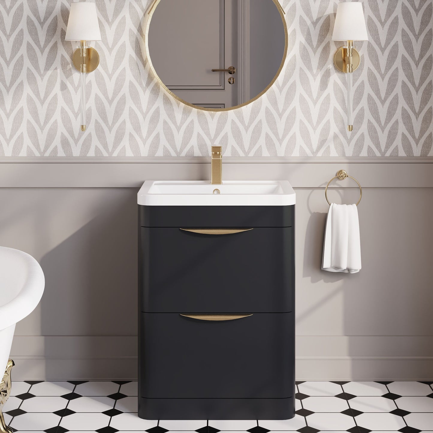 Balterley Wave Contemporary Floor Standing 2 Drawer Vanity Unit & Ceramic Basin, Dark Grey, 550mm