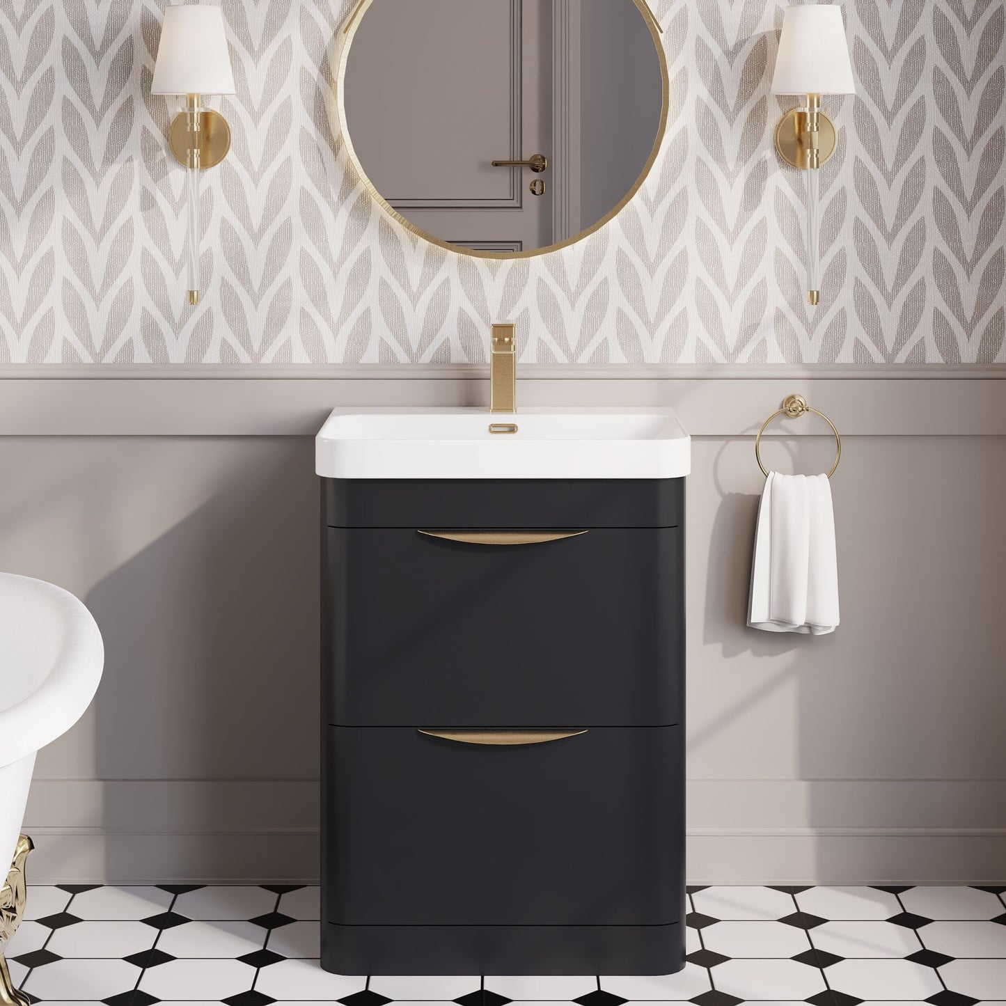 Nuie Parade 600mm Soft Black Floor Standing 2 Drawer Vanity Unit with 1 Tap Hole Ceramic Basin