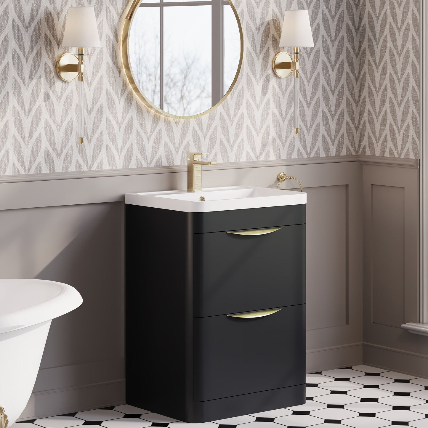Balterley Wave Contemporary Floor Standing 2 Drawer Vanity Unit & Basin, Dark Grey, 550mm