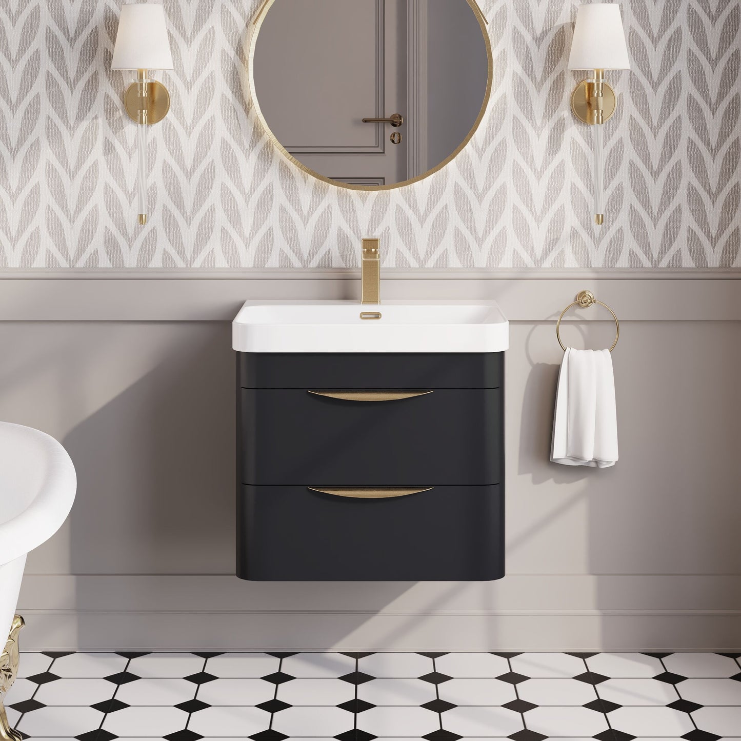 Nuie Parade 600mm Soft Black 2 Drawer Wall Hung Vanity Unit With Thin Edge Ceramic Basin