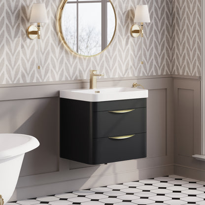 Nuie Parade 600mm Soft Black 2 Drawer Wall Hung Vanity Unit With Thin Edge Ceramic Basin