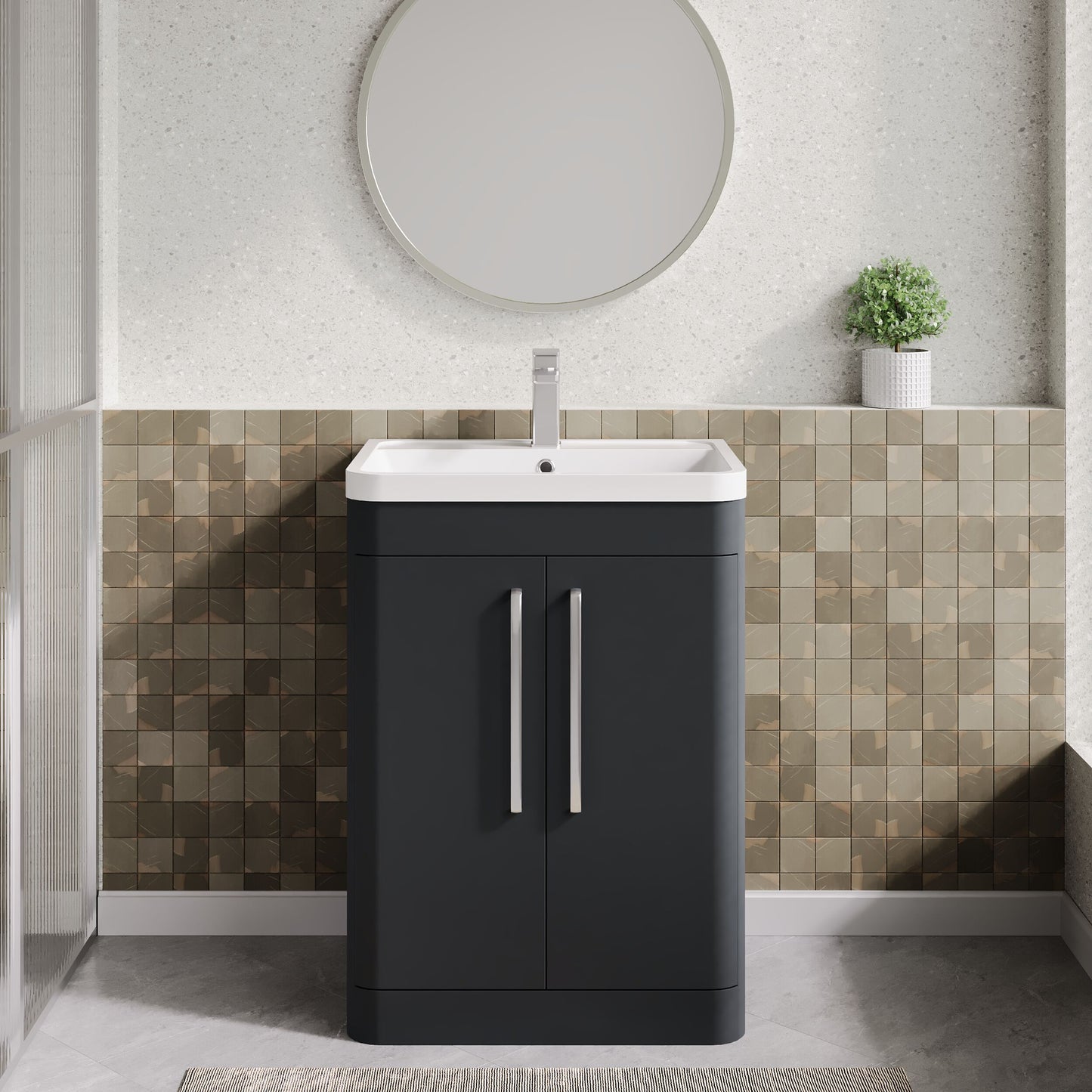 Balterley Wave Contemporary Floor Standing 2 Door Bathroom Vanity Unit & Polymarble Basin, Dark Grey, 600mm
