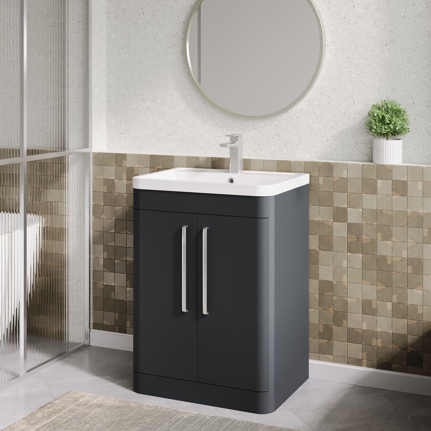 Balterley Wave Contemporary Floor Standing 2 Door Bathroom Vanity Unit & Polymarble Basin, Dark Grey, 600mm