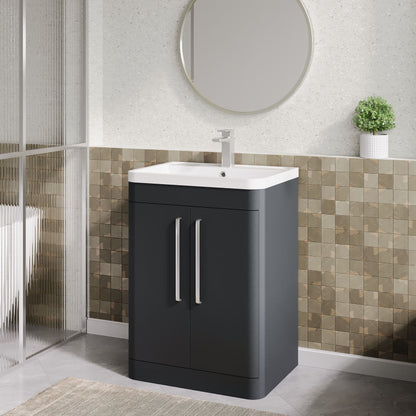 Balterley Wave Contemporary Floor Standing 2 Door Bathroom Vanity Unit & Polymarble Basin, Dark Grey, 600mm