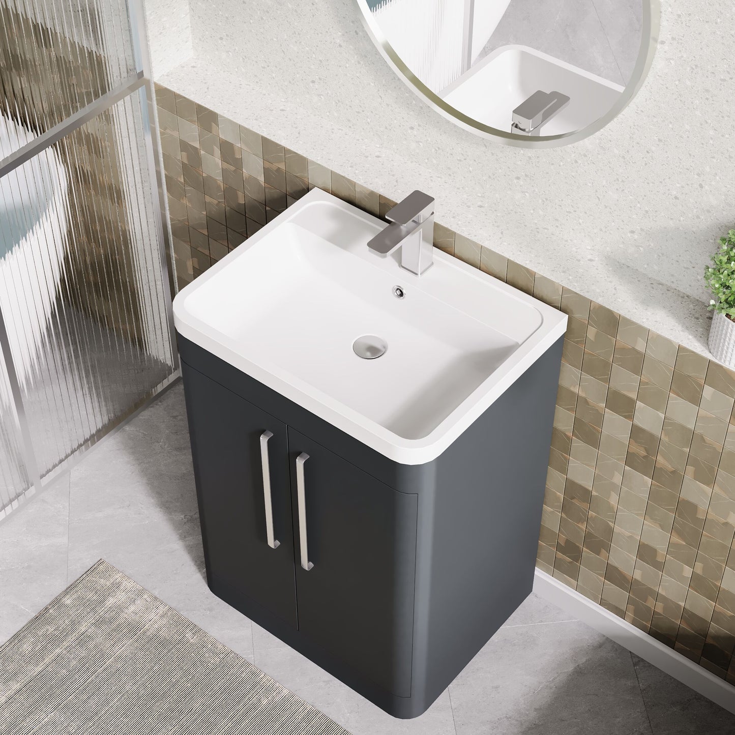Balterley Wave Contemporary Floor Standing 2 Door Bathroom Vanity Unit & Polymarble Basin, Dark Grey, 600mm
