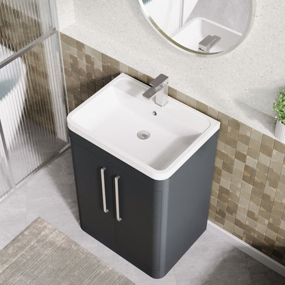 Balterley Wave Contemporary Floor Standing 2 Door Bathroom Vanity Unit & Polymarble Basin, Dark Grey, 600mm