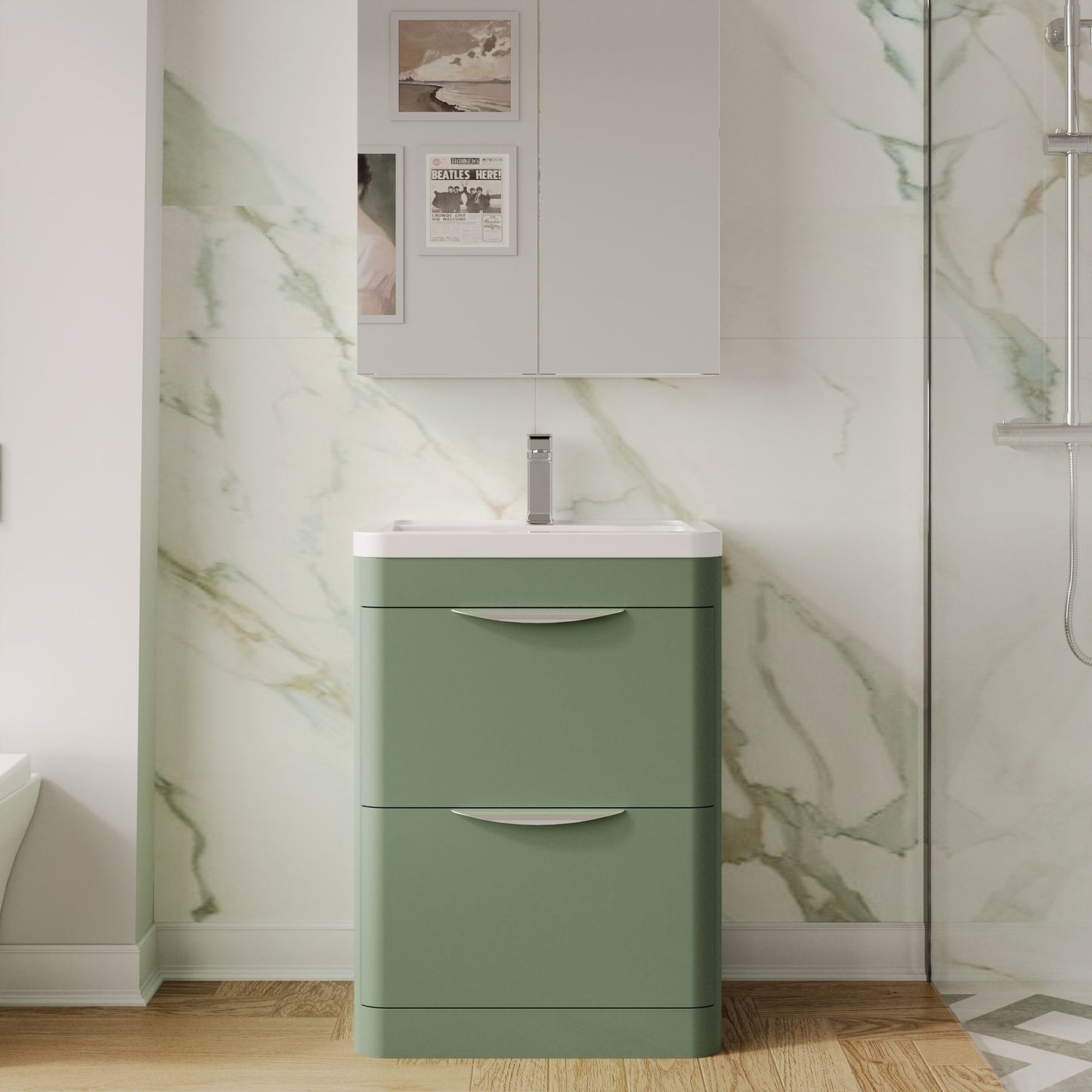 Balterley Wave Contemporary Floor Standing 2 Drawer Bathroom Vanity Unit & Ceramic Basin, Satin Green, 610mm
