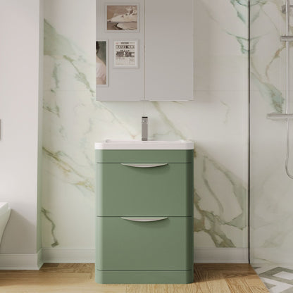 Balterley Wave Contemporary Floor Standing 2 Drawer Bathroom Vanity Unit & Ceramic Basin, Satin Green, 610mm