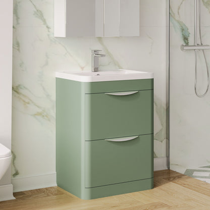 Balterley Wave Contemporary Floor Standing 2 Drawer Bathroom Vanity Unit & Ceramic Basin, Satin Green, 610mm