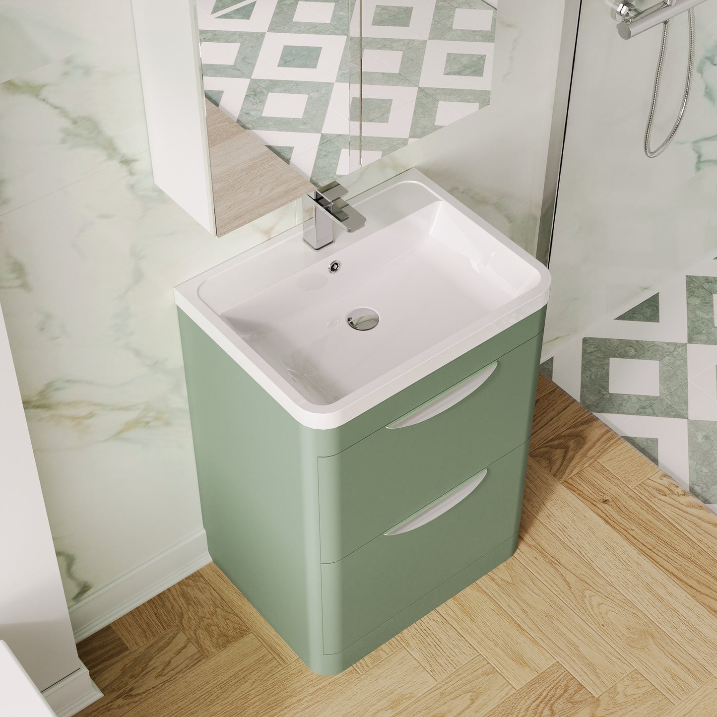 Balterley Wave Contemporary Floor Standing 2 Drawer Bathroom Vanity Unit & Polymarble Basin, Satin Green, 600mm